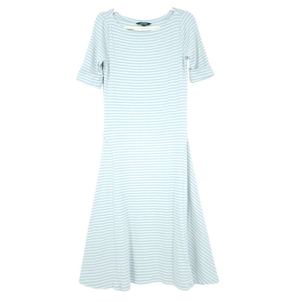Lauren Ralph Lauren Striped Dress Womens L Blue White A-Line Knit Preppy Coastal